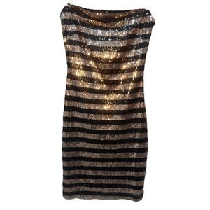 Forever 21 Mini Dress Small Black & Gold Stripes Sequins Strapless Party Y2K